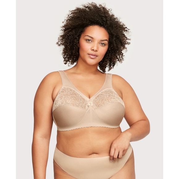 Glamorise Magic Lift Full Figure Wireless Support Bra Blush Sz 36J Nude Tan Lace - Picture 2 of 16